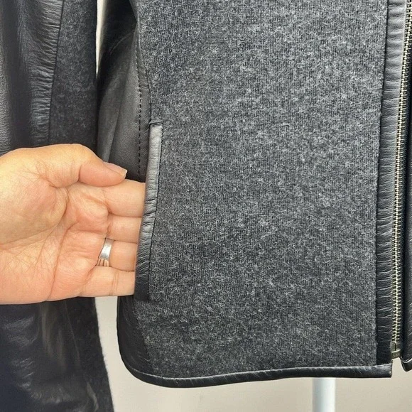 Eileen Fisher Black Leather Wool Zip Up Jacket Size M Moto